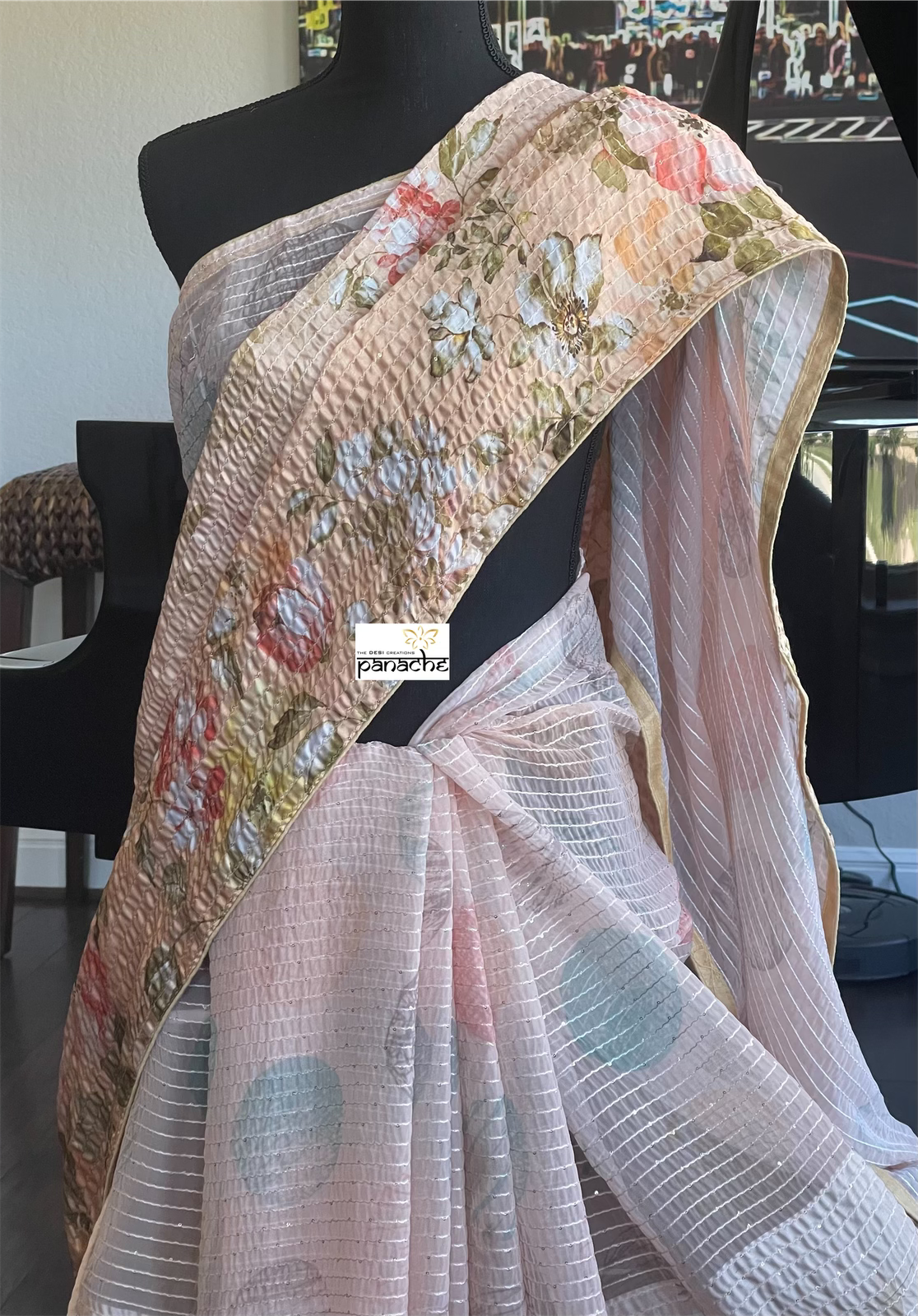 Designer Satin Georgette Sequin - Peach