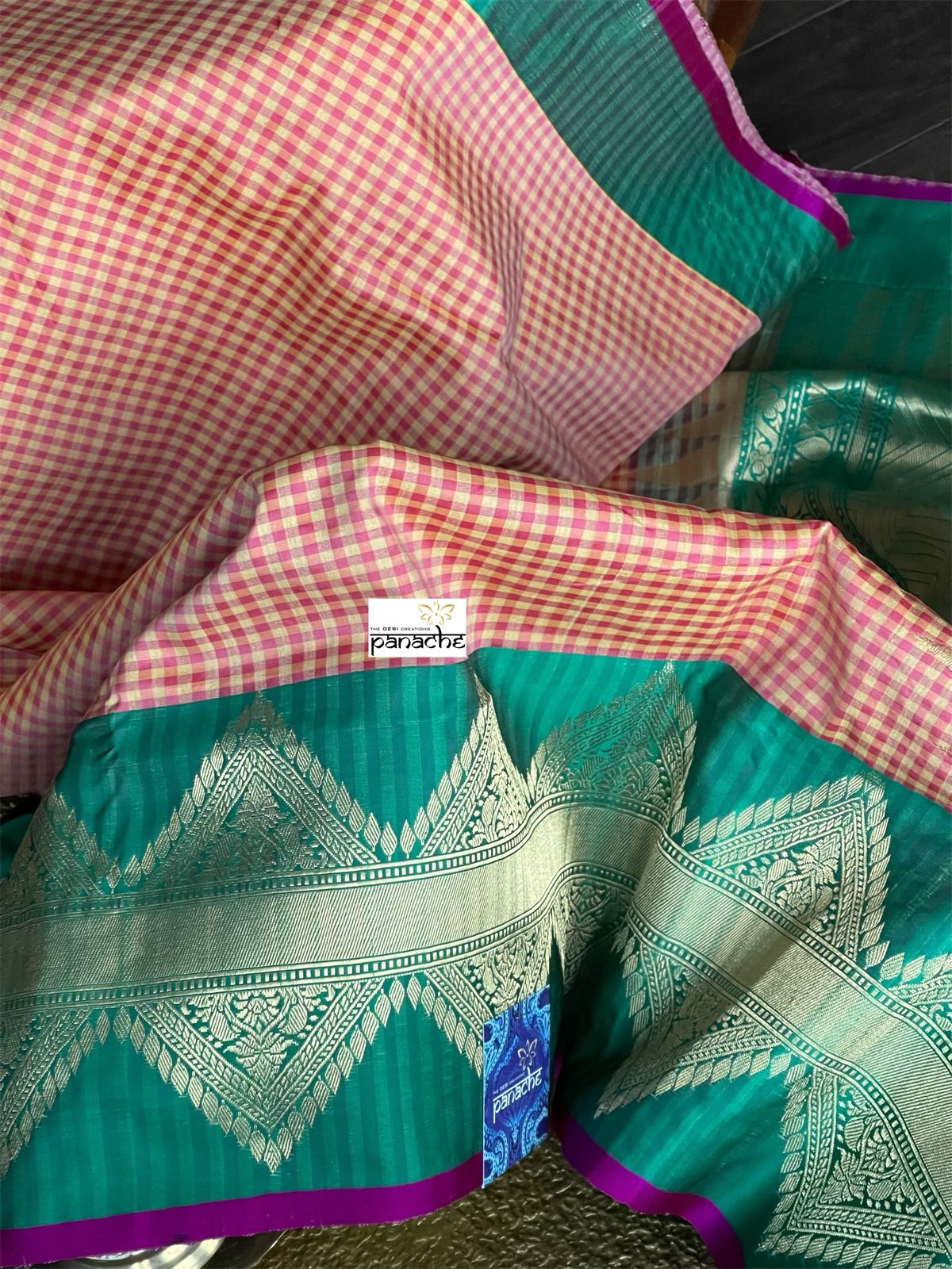 Pure Silk Katan Banarasi - Yellow Sea Green Checkered