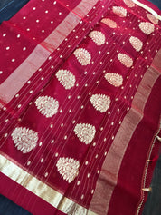 Pure Chanderi Organza Silk - Red Golden Zari