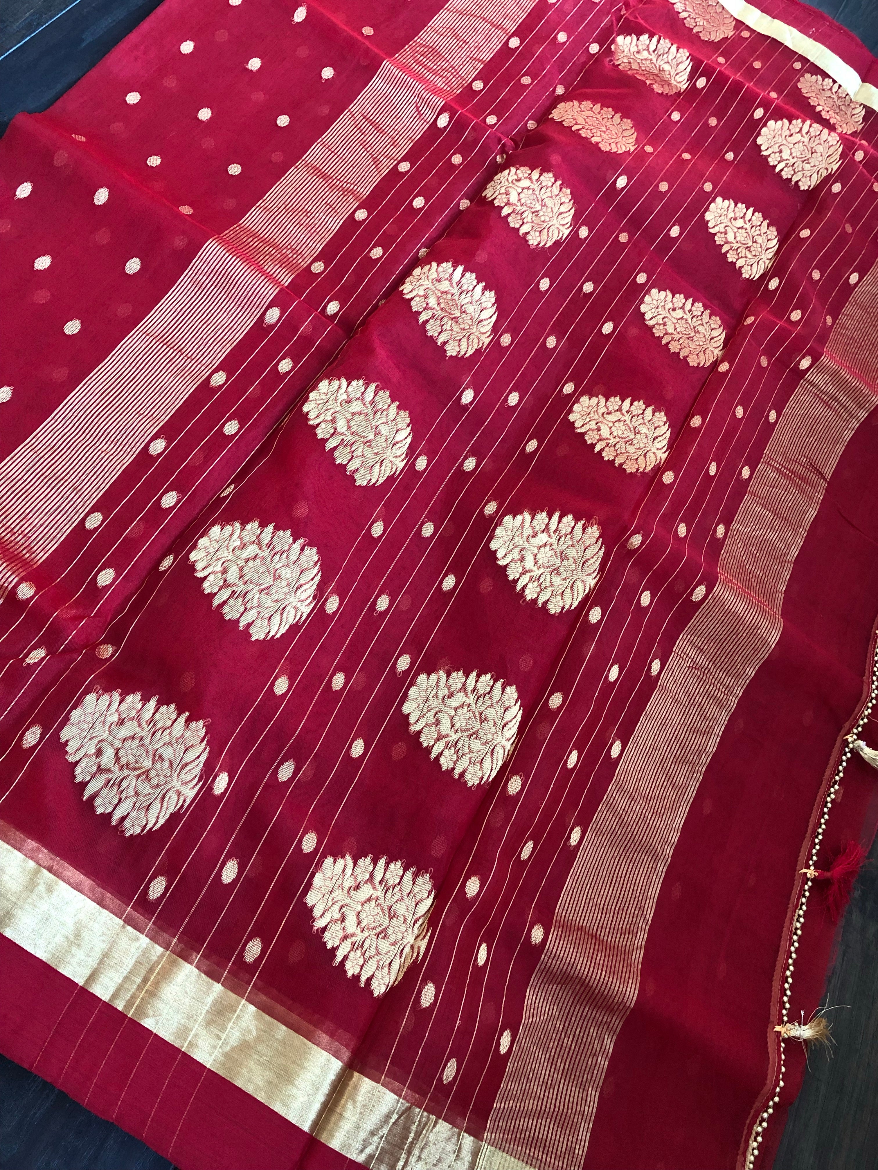 Pure Chanderi Organza Silk - Red Golden Zari