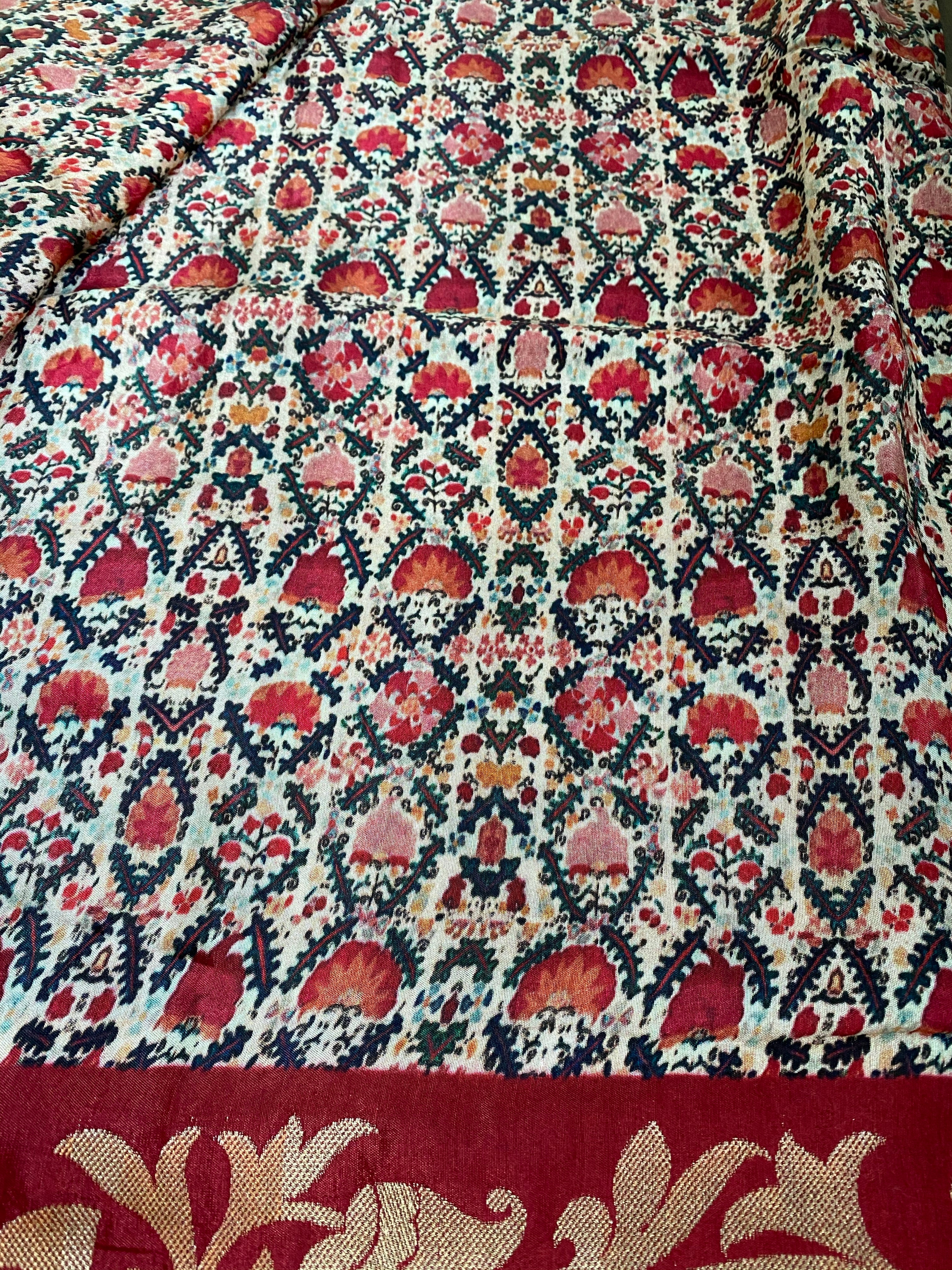 Designer Crepe Silk  - Offwhite Maroon