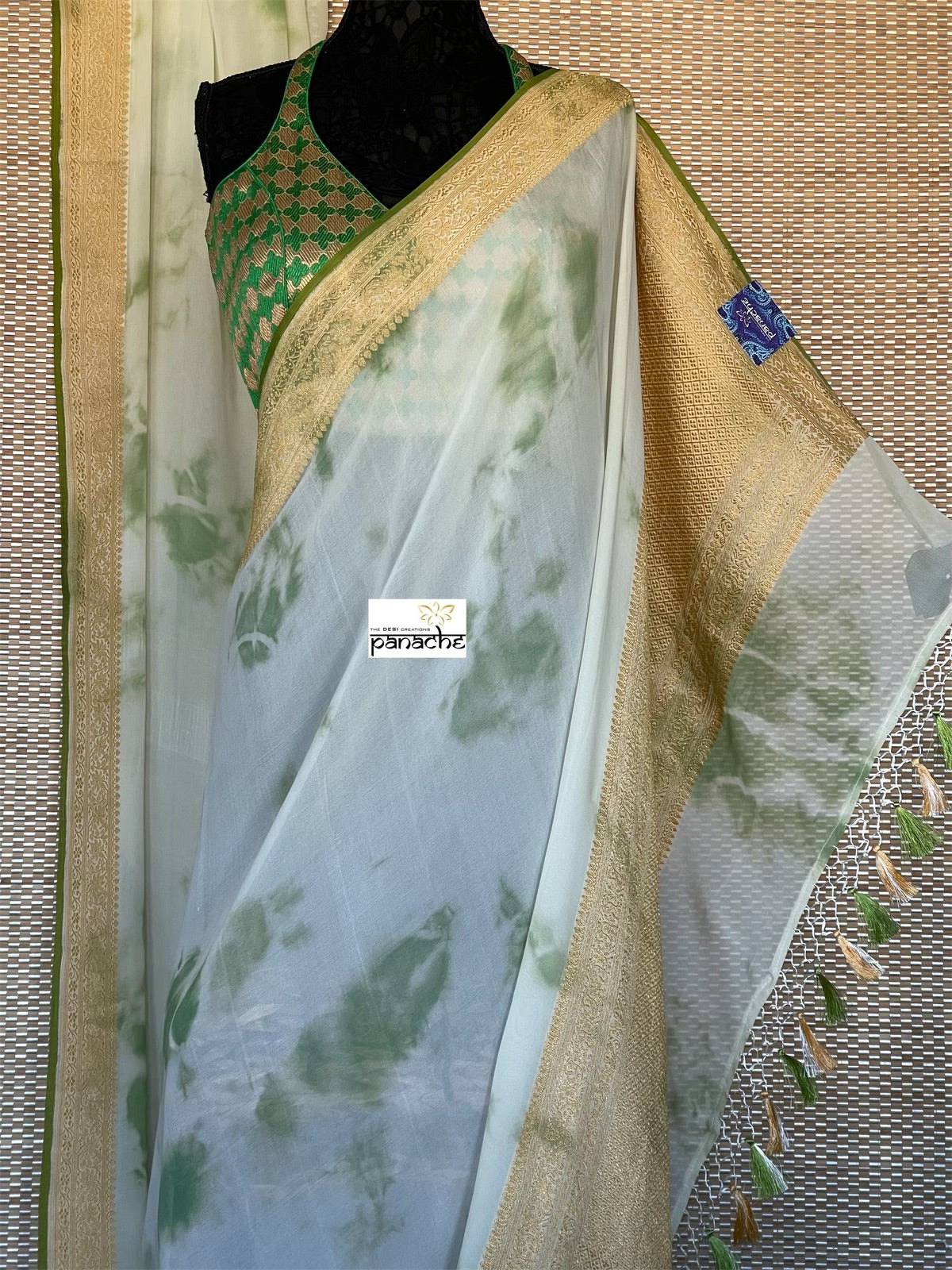 Khaddi Georgette Banarasi - Off-White Green Tie-dye Khadhua Woven