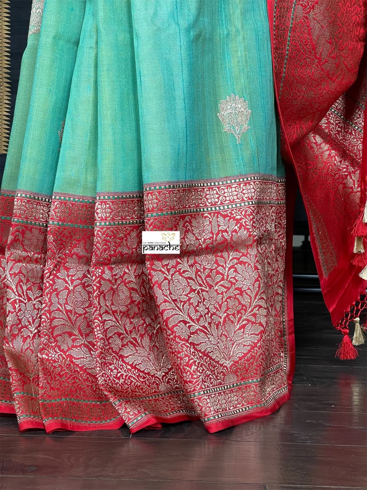 Pure Tassur Silk Banarasi - Sea Green Red