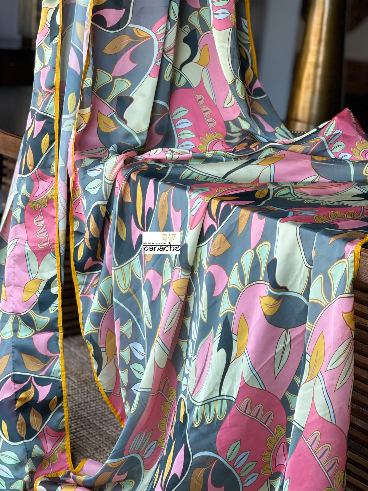 Designer Satin Silk - Grey Pink Kalamkari