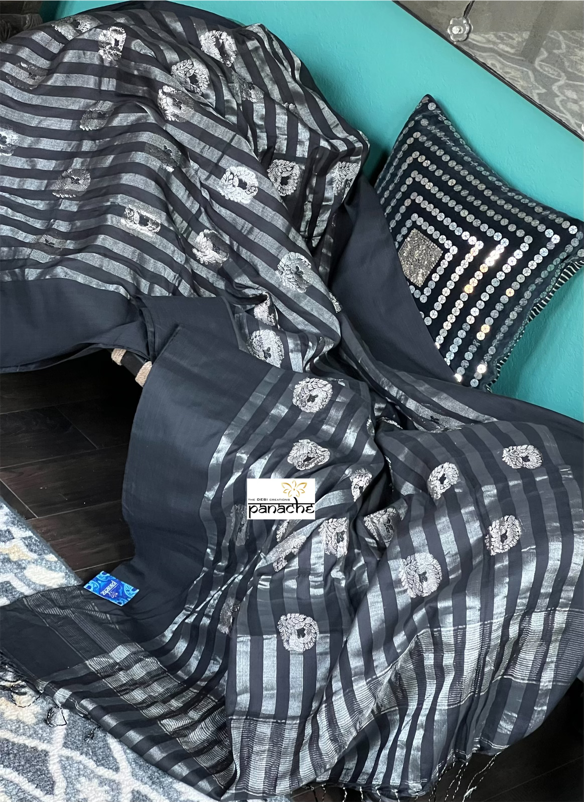 Pure Linen Matka Silk - Black Silver Zari