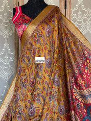Tussar Gicha Silk - Ochre Yellow Brown  Kalamkari Printed