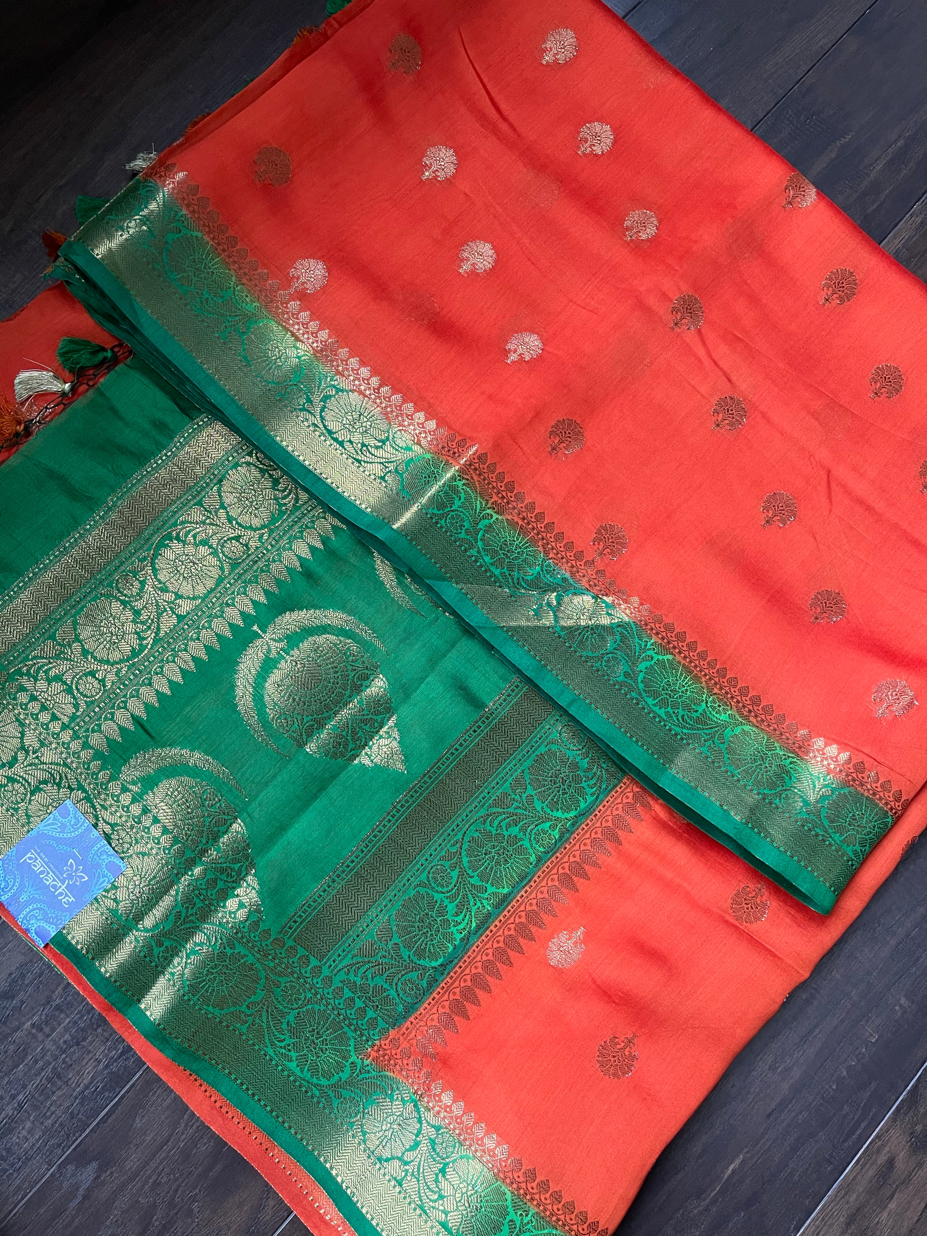 Chiniya Silk Banarasi - Reddish Orange Green