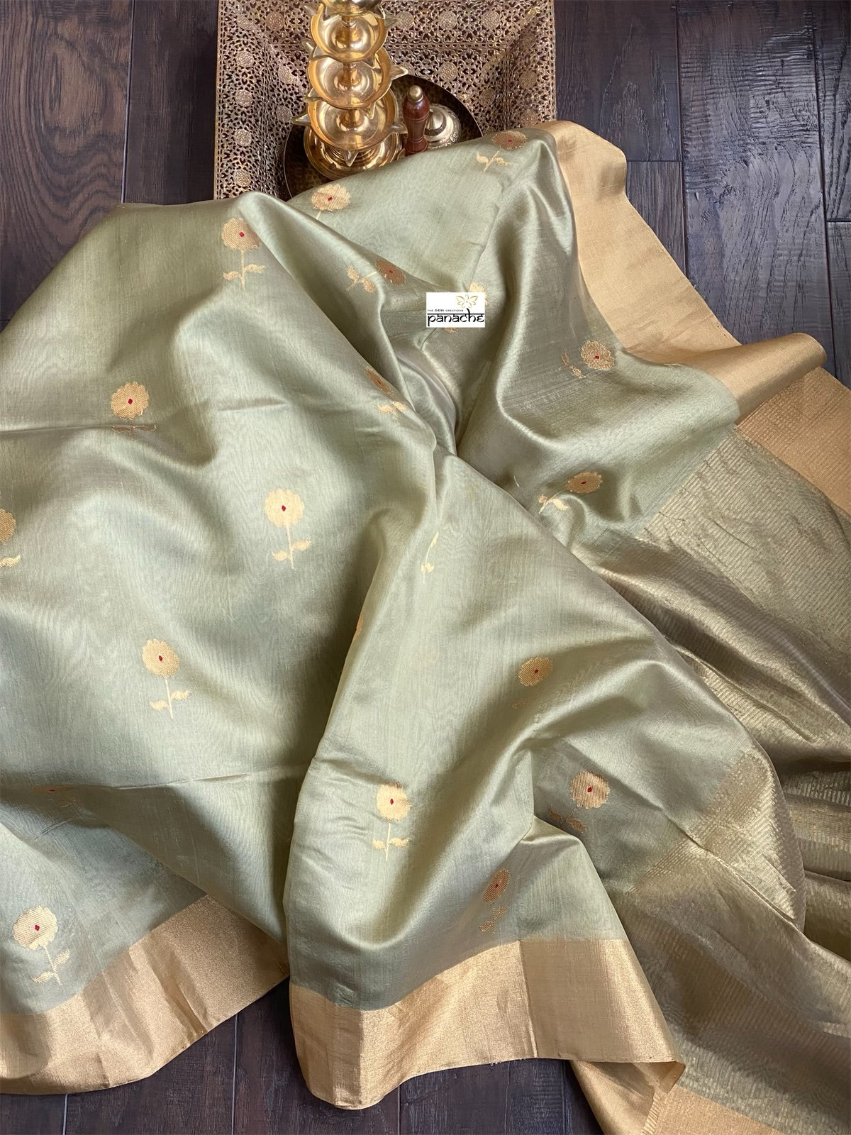 Pure Chanderi Silk - Metallic Moss Green Eknaliya Woven