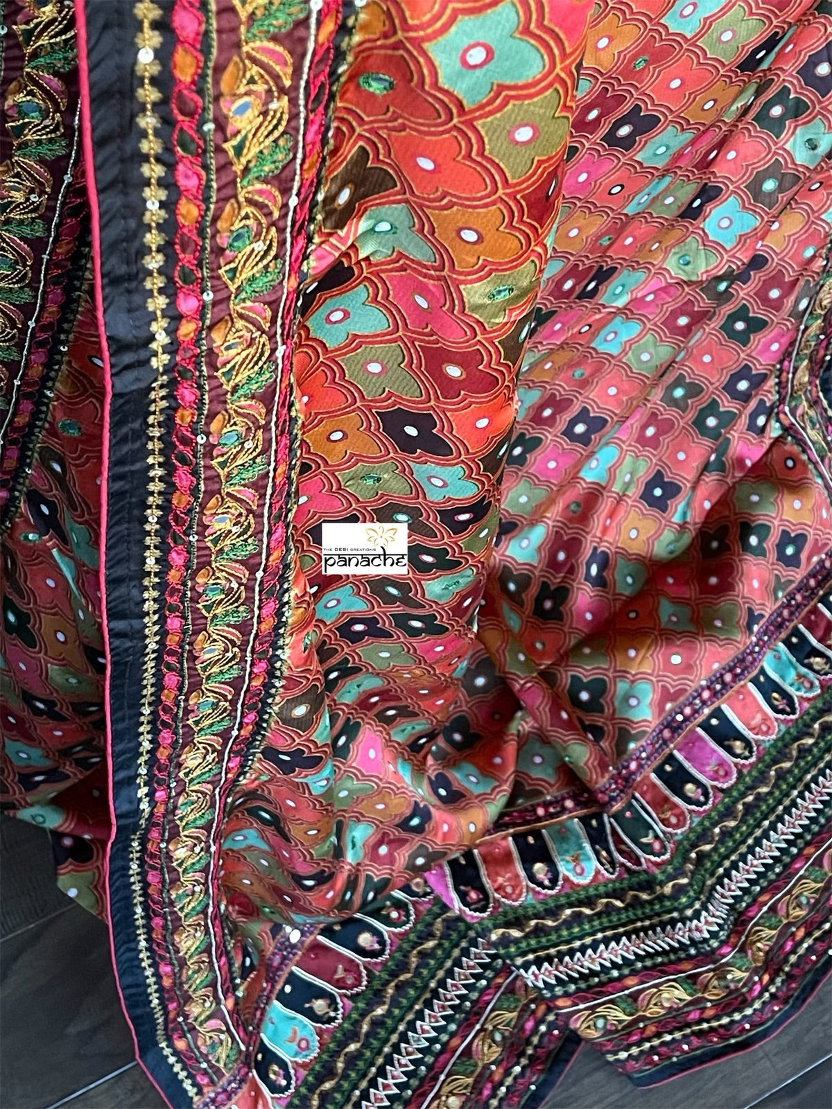 Designer Satin Georgette Silk - Brown Rust Multi Color