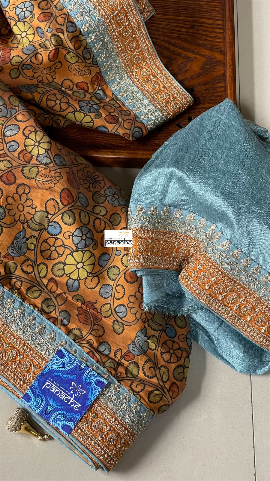 Designer Satin Maslin Kalamkari - Orange Blue