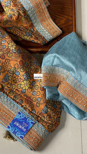 Designer Satin Maslin Kalamkari - Orange Blue