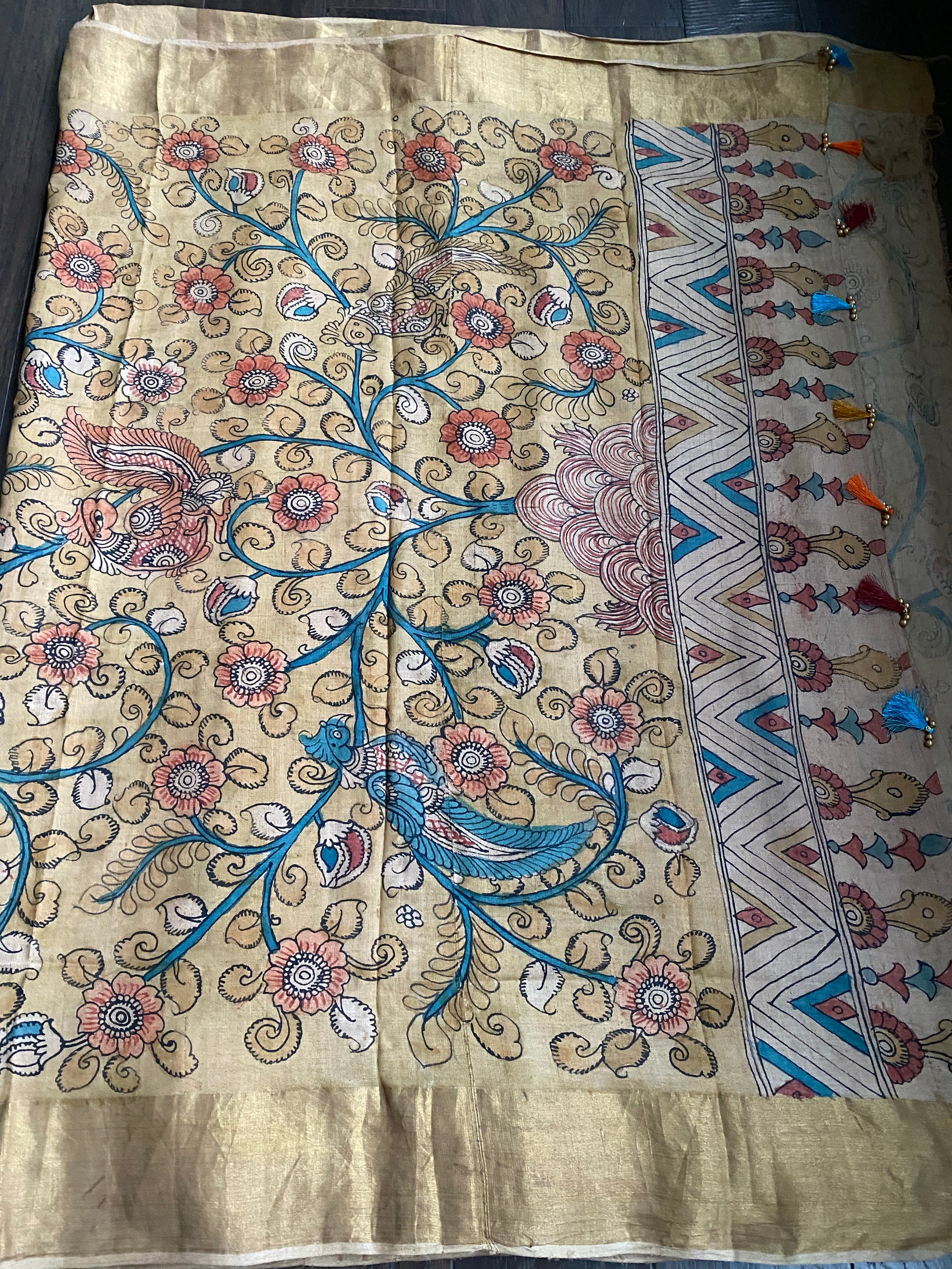 Pen Kalamkari Tussar Silk - Hand-painted Brick Red