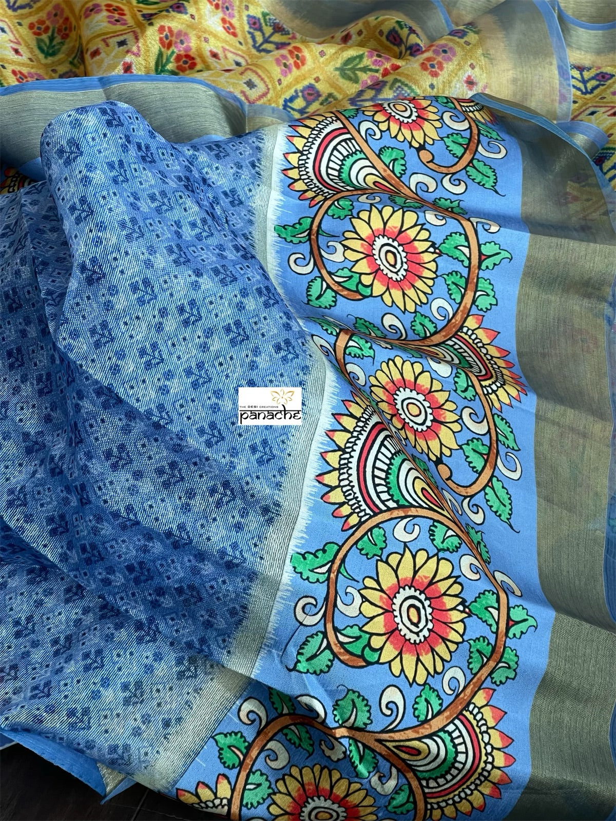 Tissue Kota Silk Printed - Yellow Blue