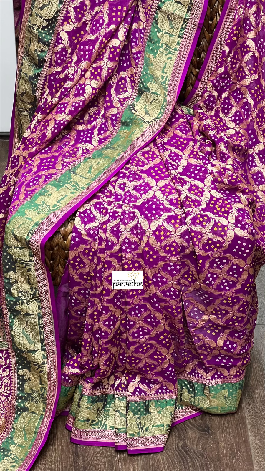 Bandhej Khaddi Georgette Banarasi - Purple Green