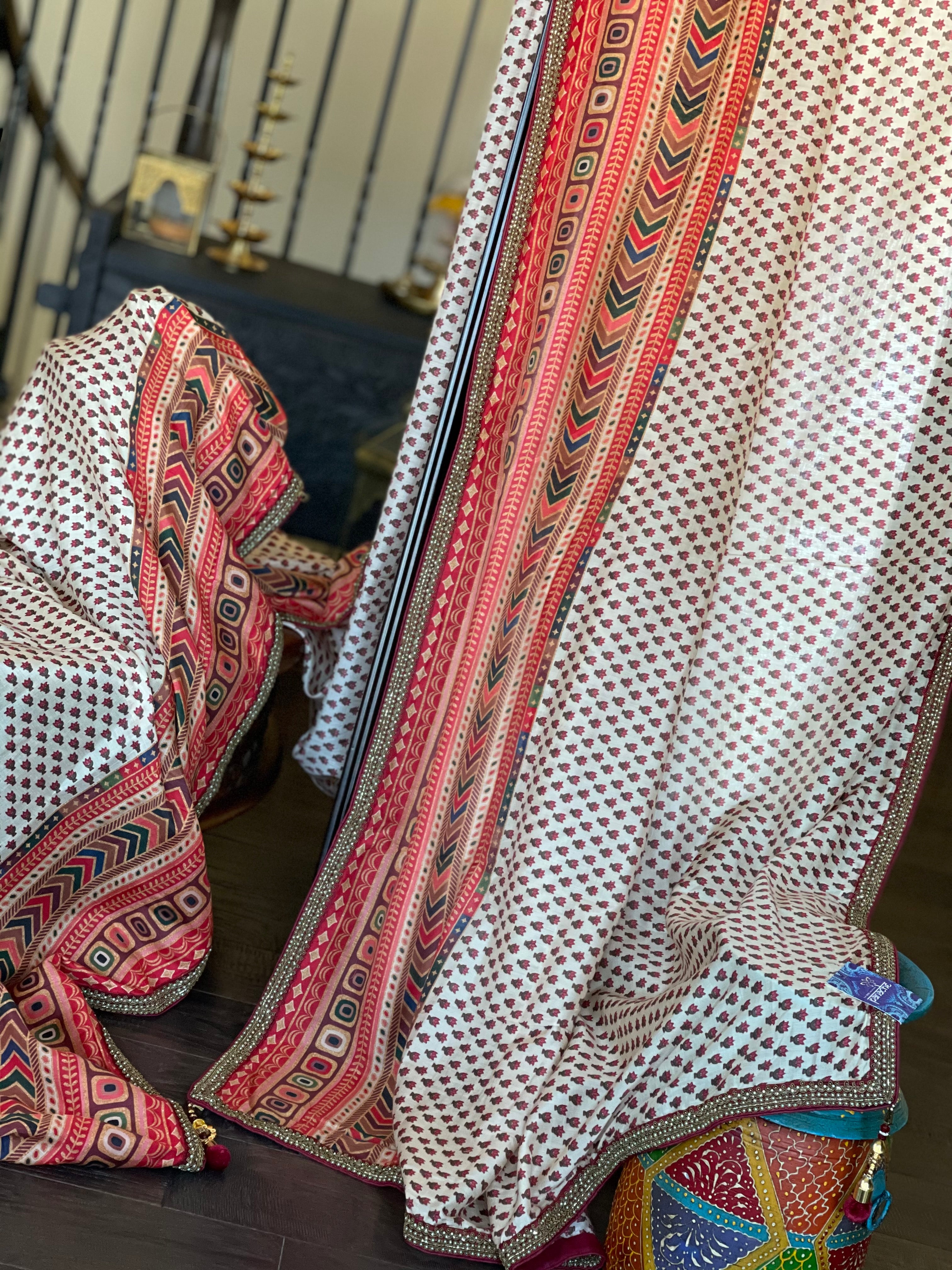 Satin Maslin Silk Printed - Beige Maroon Green