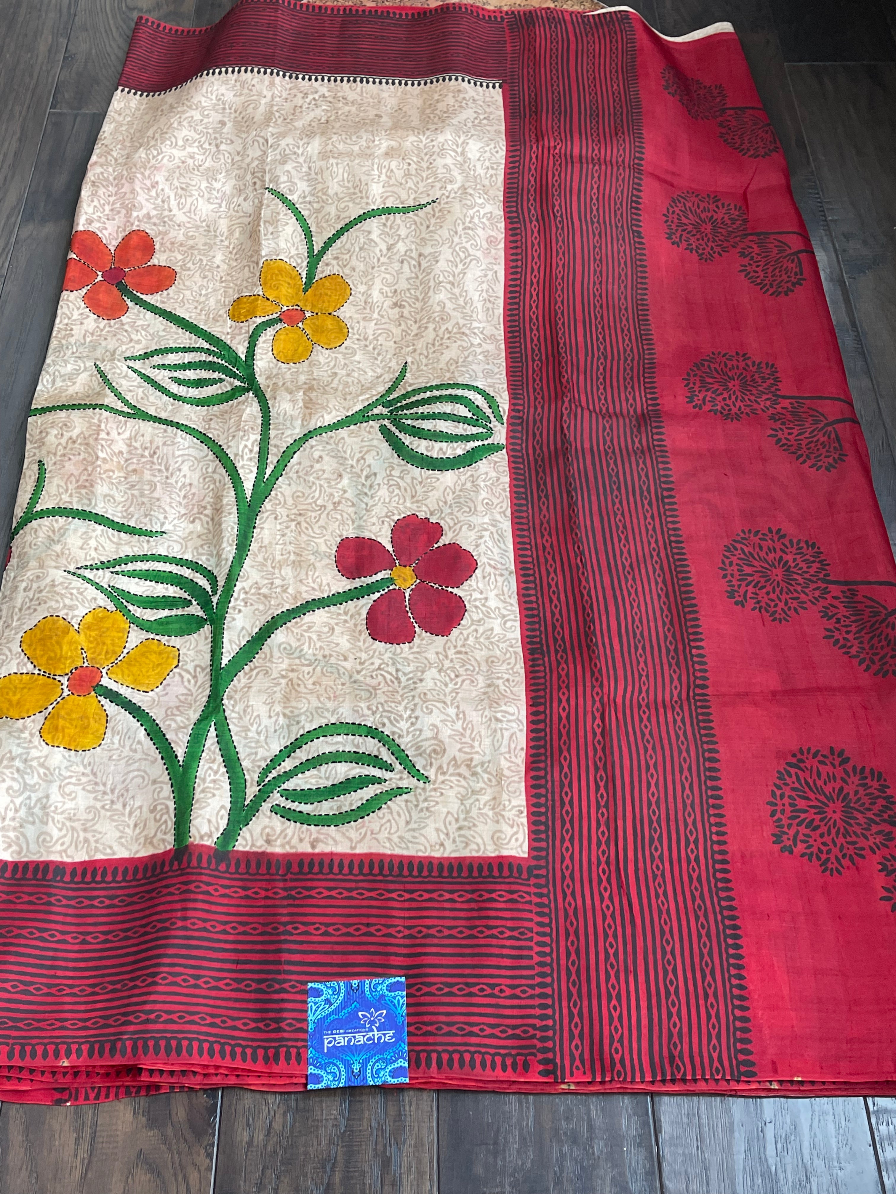 Pure Tussar Silk - Beige Red Black