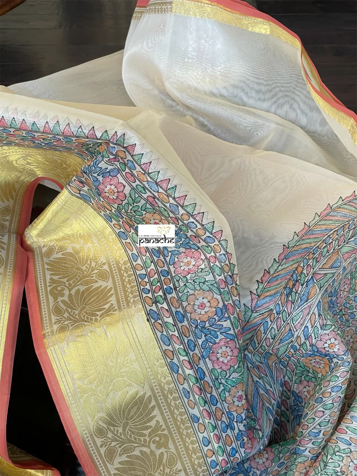 Kora Silk Banaras - Beige Madhubani Printed