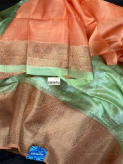 Mulmul Tissue Cotton Banarasi - Pista Green Orange Golden Zari
