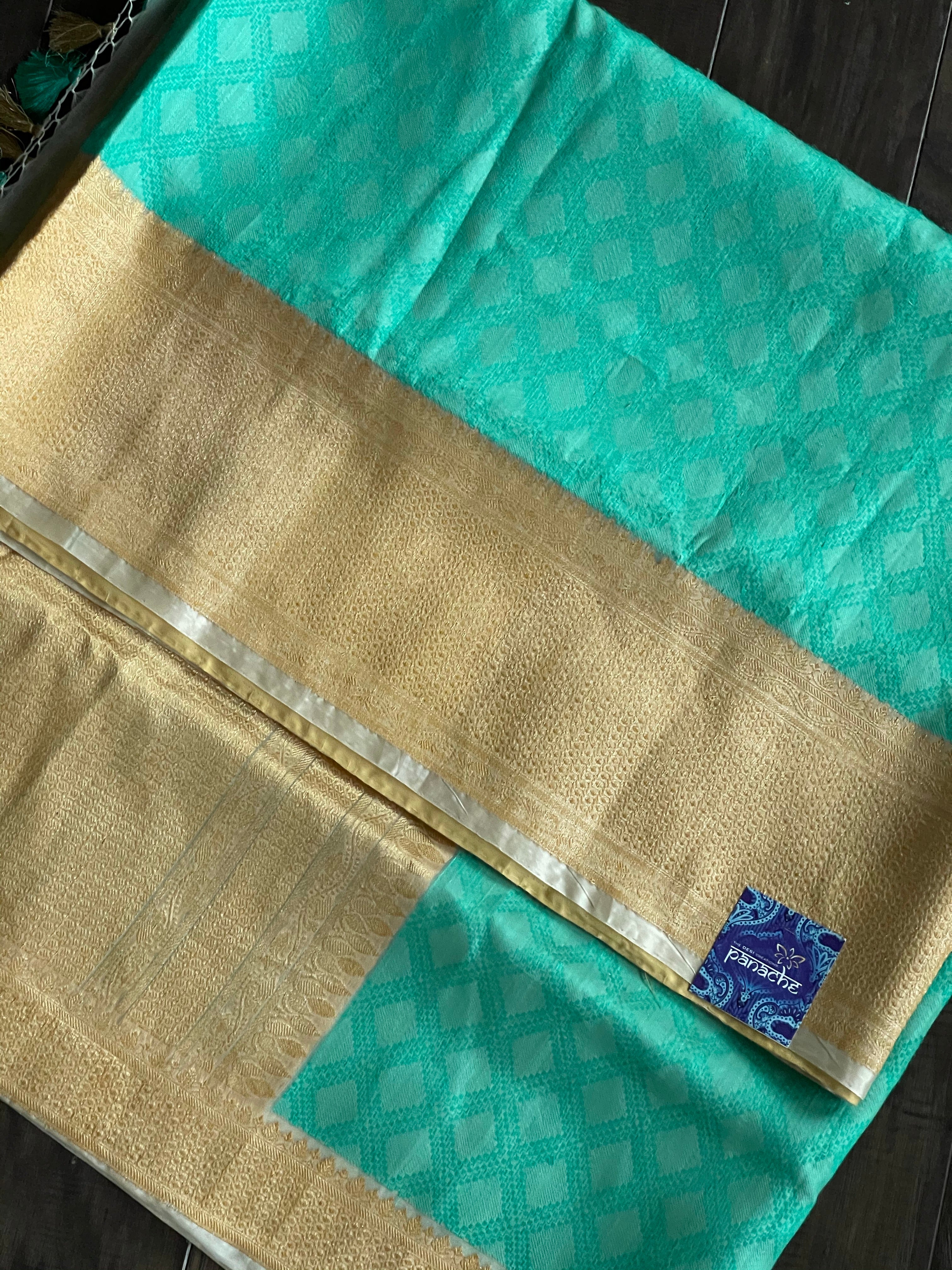 Pure Silk Banarasi - Sea Green Beige Antique Golden Zari