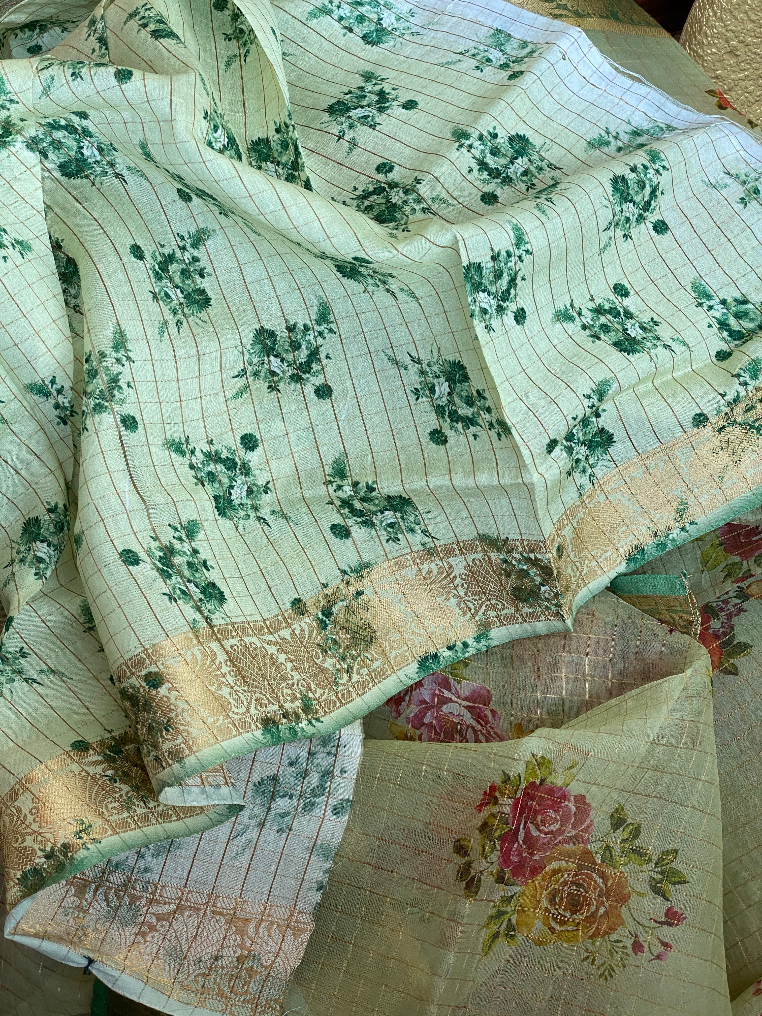 Banarasi Organza Floral - Lime-green Golden Zari Checks