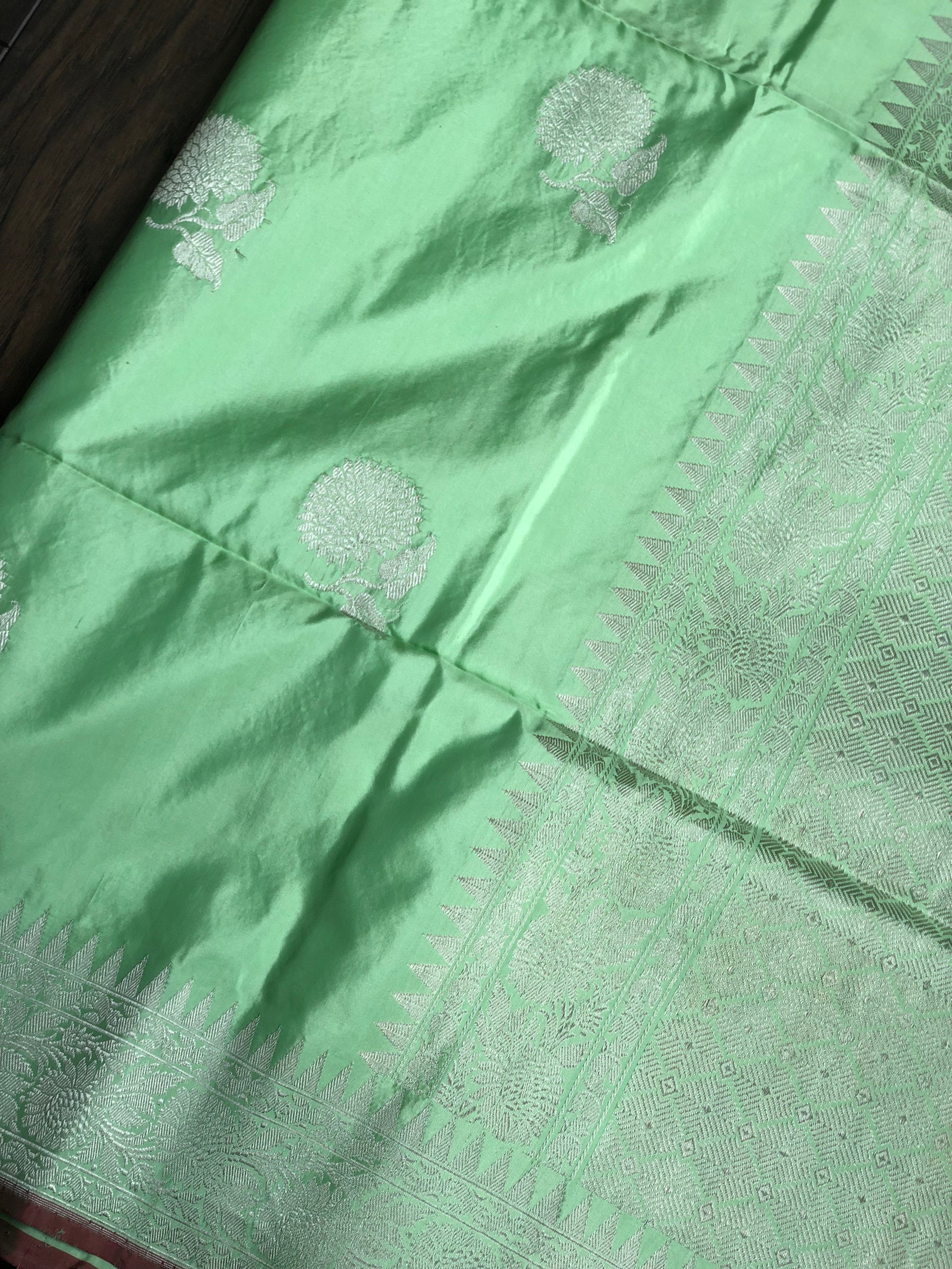 Katan Silk Banarasi - Mint Green Khadwa Silver Zari Woven