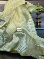 Organza Silk Banarasi - Light Lemon Yellow Green Kadwa woven