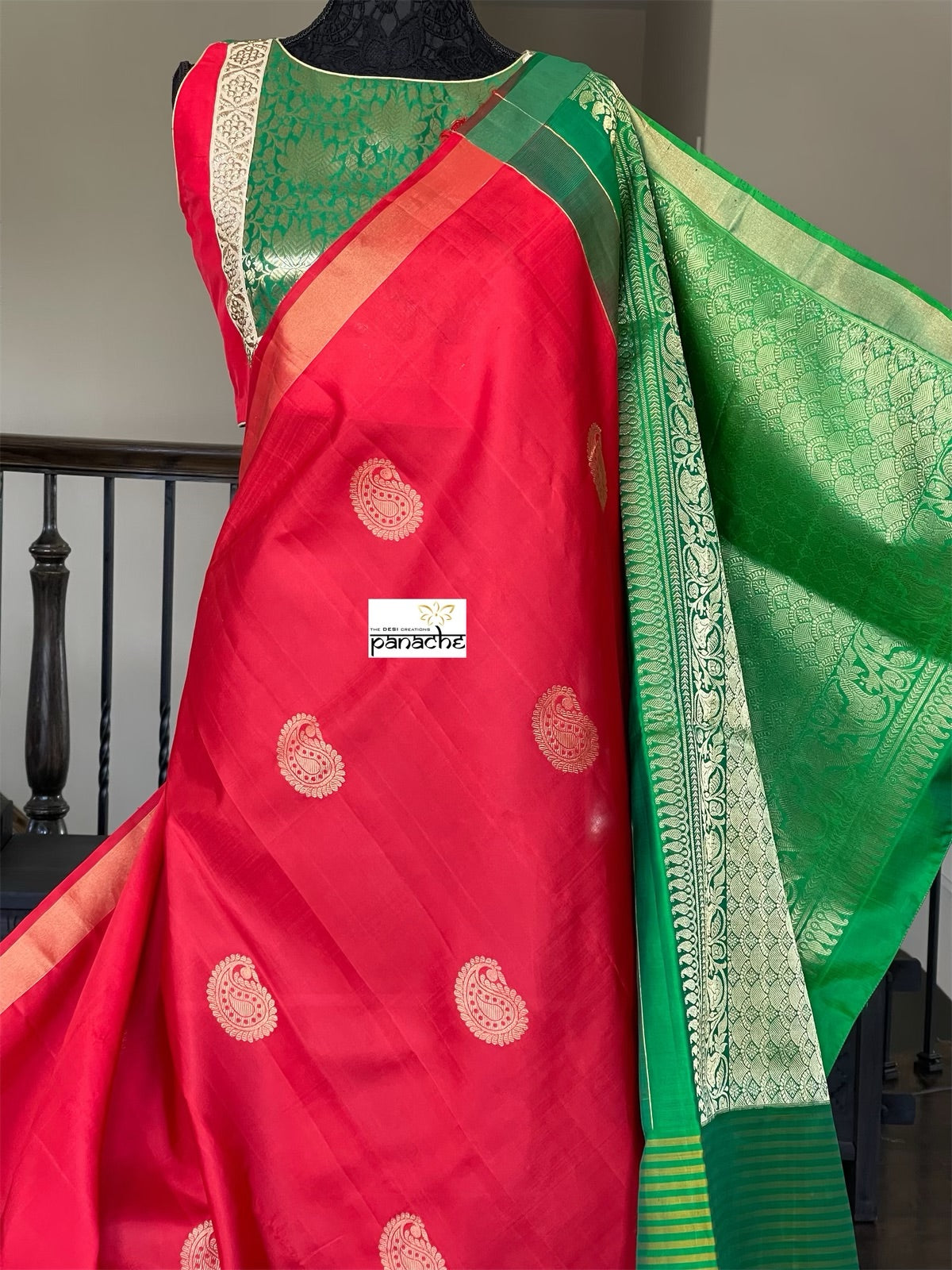 Pure Silk Kanjivaram - Red Green Paisley