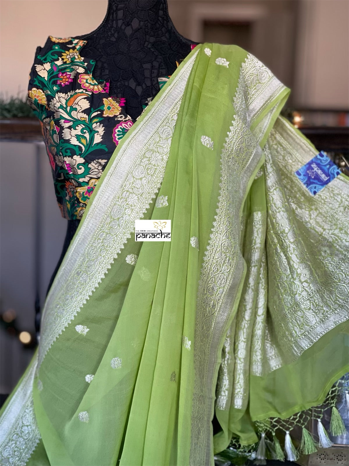 Chiffon Georgette Banarasi - Lime Green Khadhua Woven