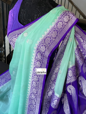 Chiffon Georgette Silk Banarasi - Mint Green Purple Silver Zari