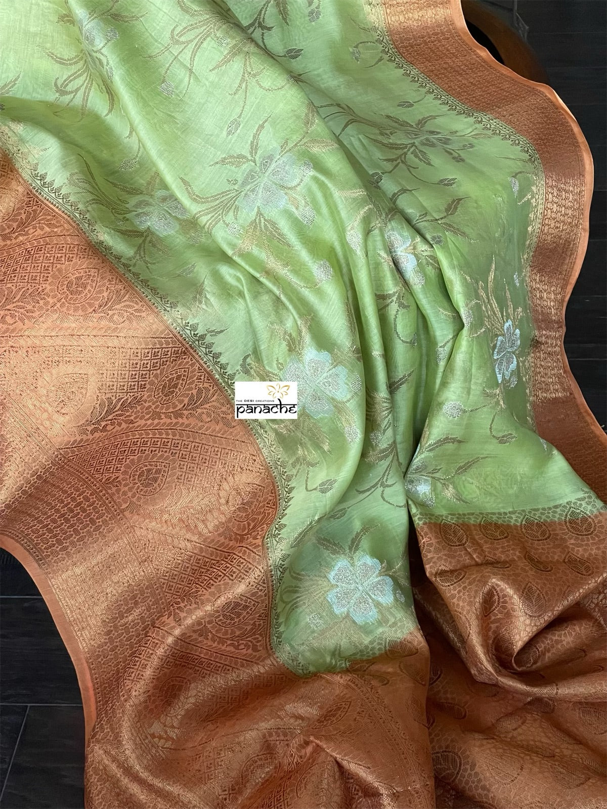 Mulmul Tissue Cotton Banarasi - Pista Green Orange Golden Zari
