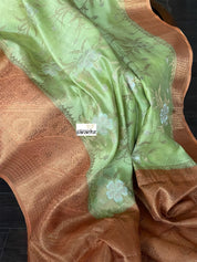 Mulmul Tissue Cotton Banarasi - Pista Green Orange Golden Zari