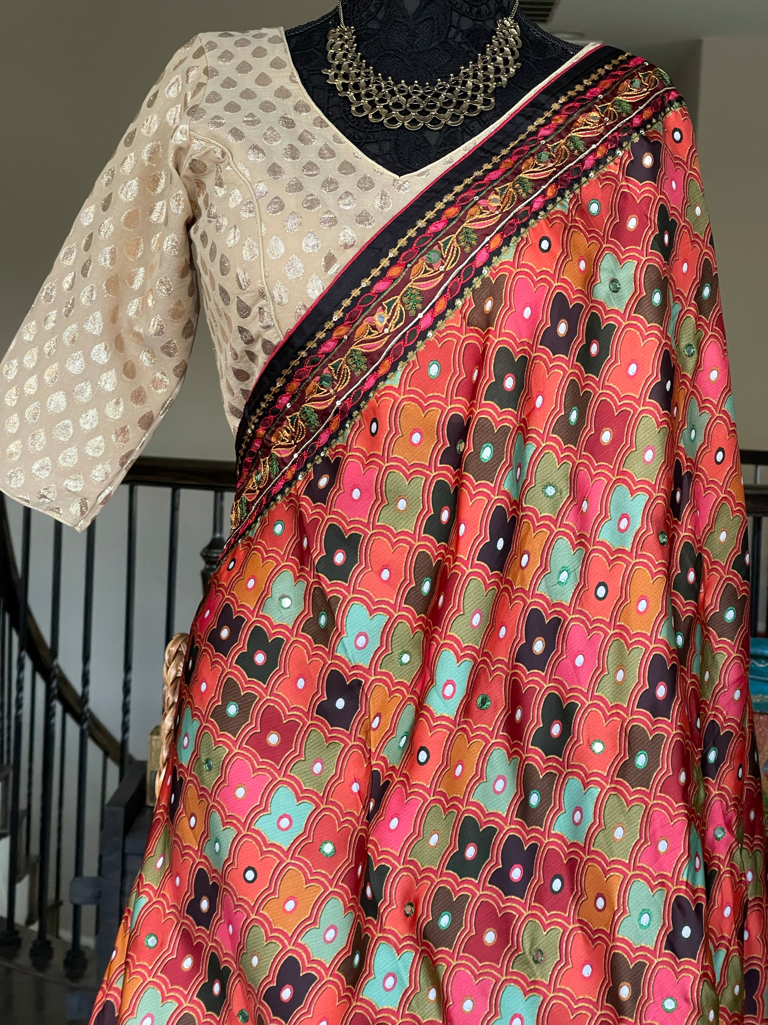 Designer Satin Georgette Silk - Brown Rust Multi Color