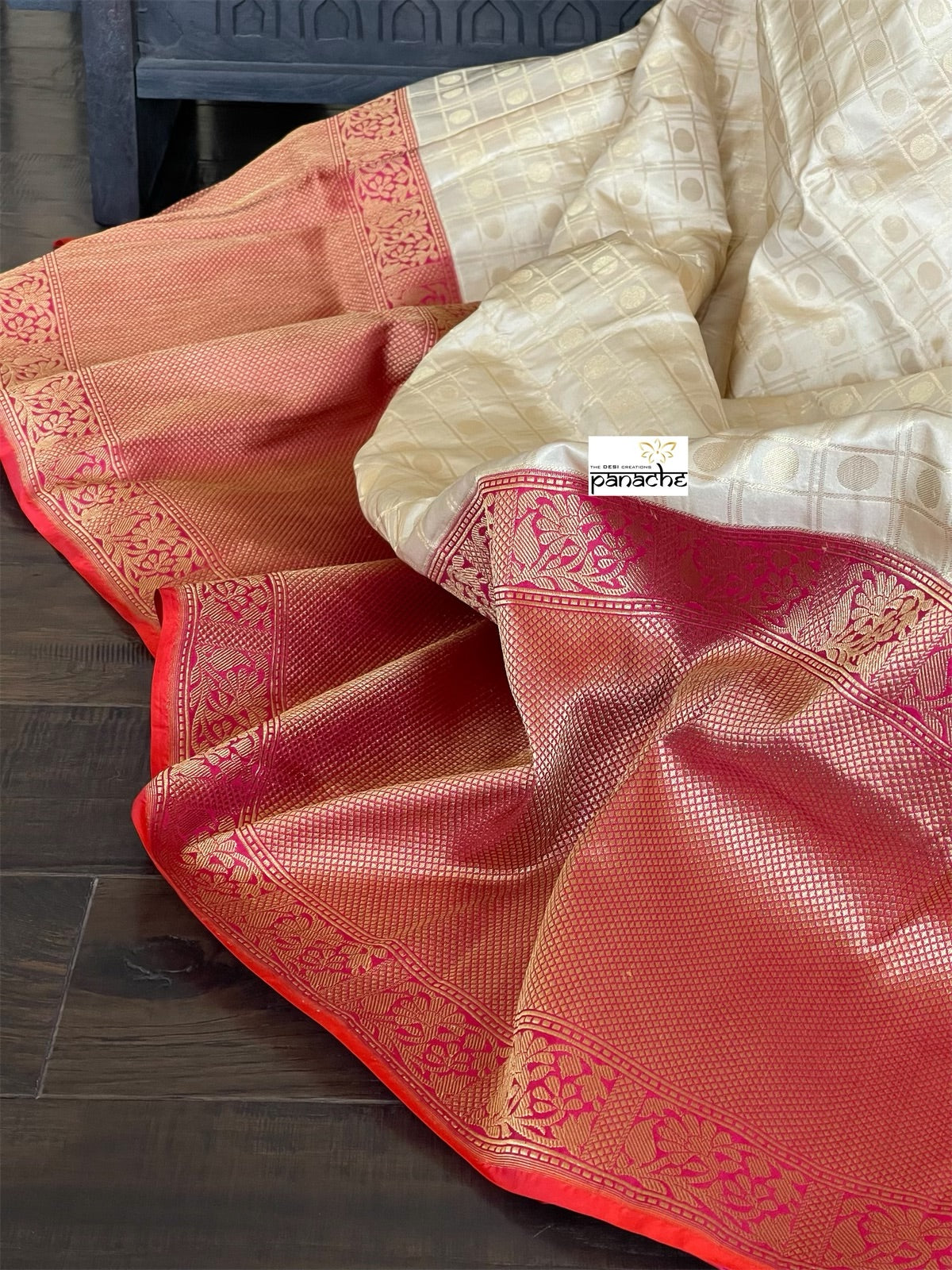 Pure Katan Silk Checkered Banarasi - Golden Beige Magenta Red Kadwa woven