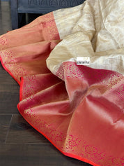 Pure Katan Silk Checkered Banarasi - Golden Beige Magenta Red Kadwa woven