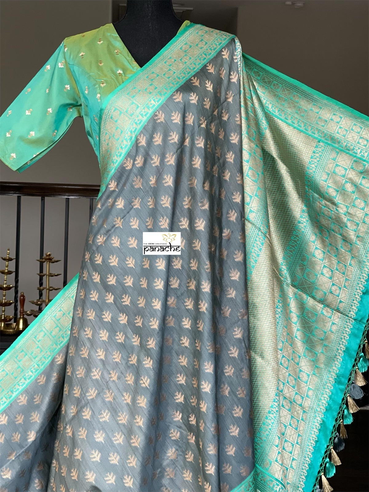 Pure Tassur Silk Banarasi - Grey Sea Green