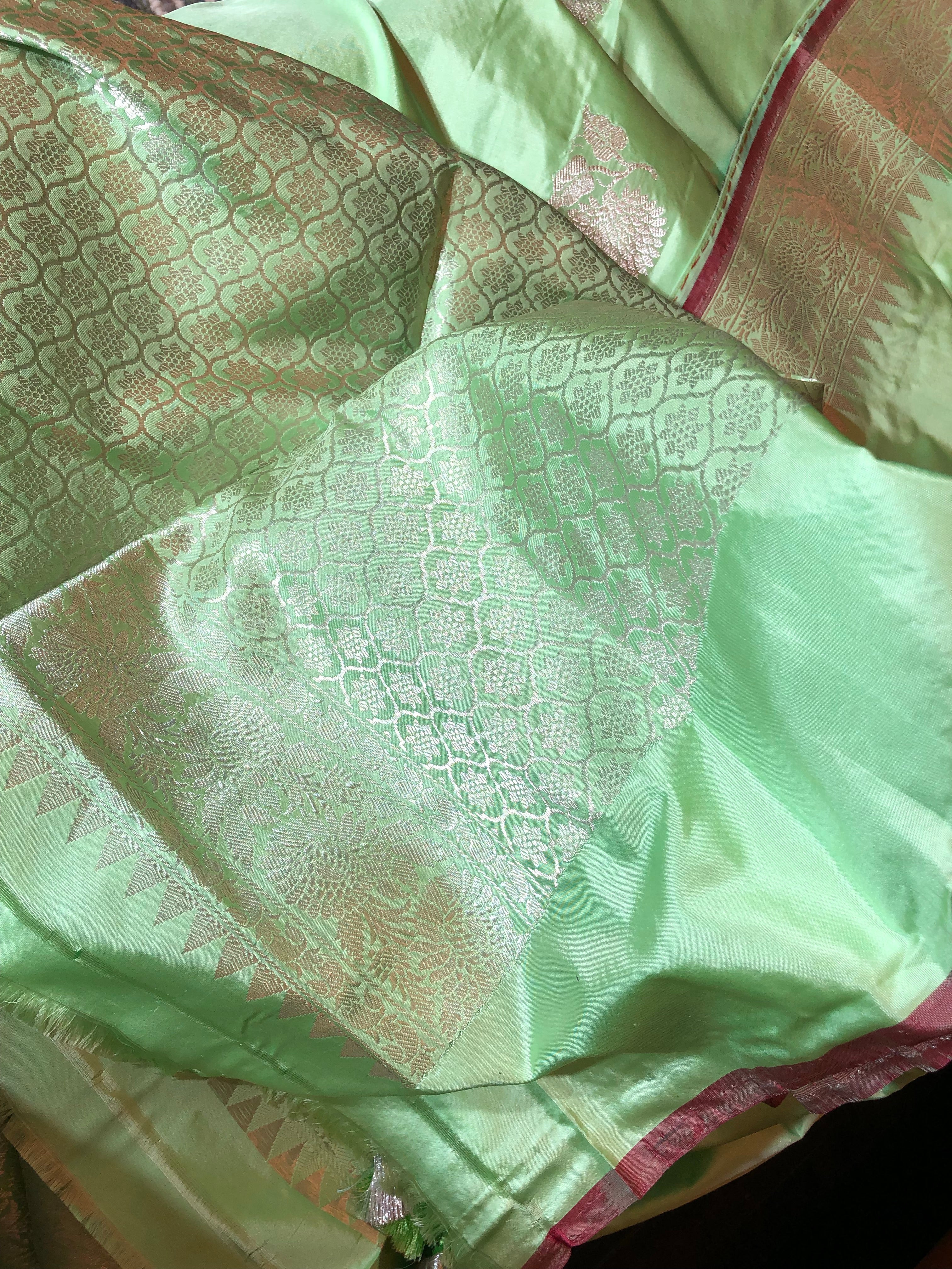 Katan Silk Banarasi - Mint Green Khadwa Silver Zari Woven