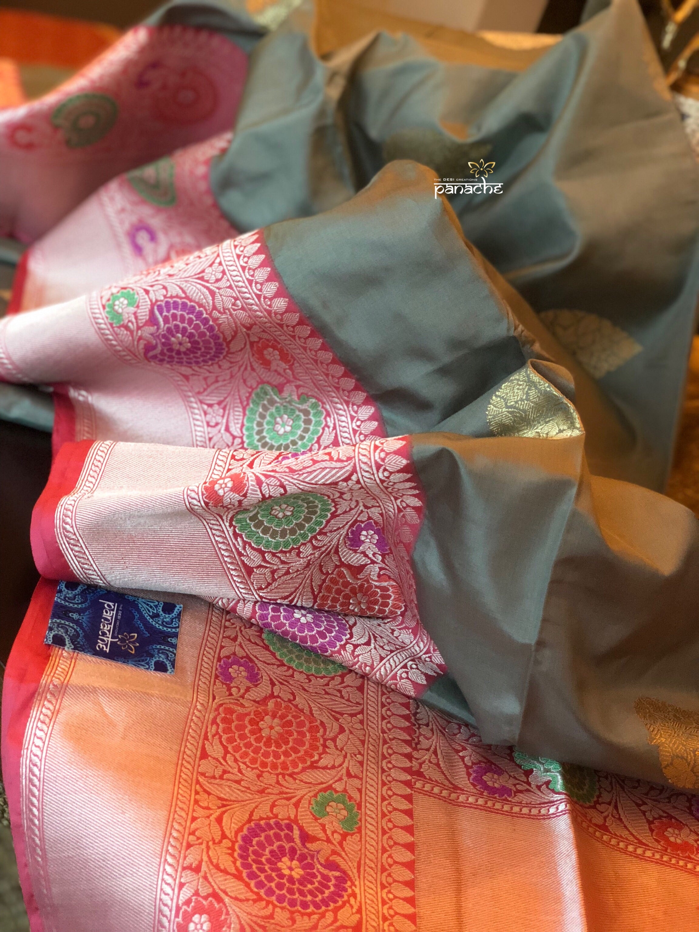 Pure Katan Silk Benarasi - Grey Golden Silver Zari
