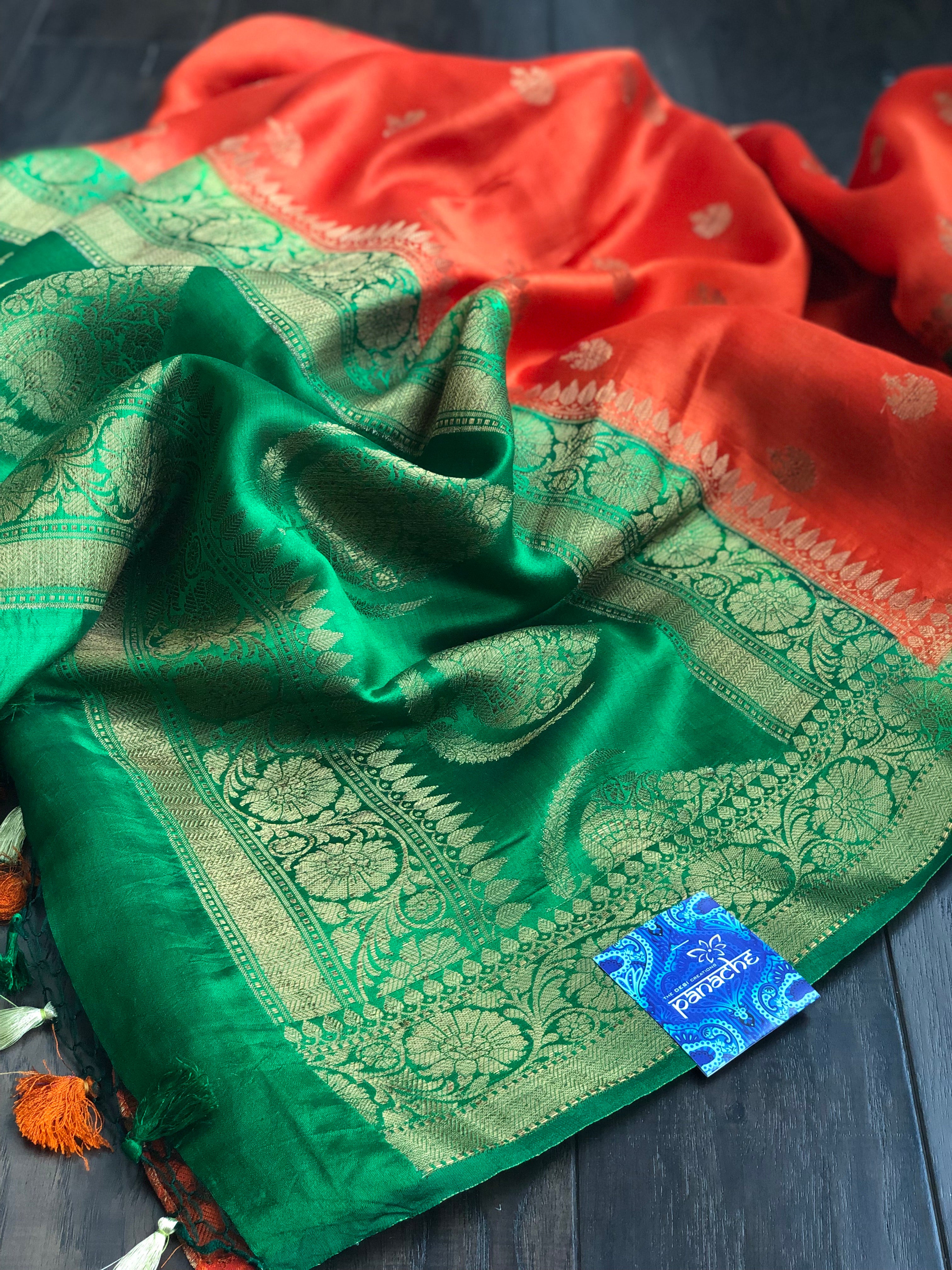 Chiniya Silk Banarasi - Reddish Orange Green