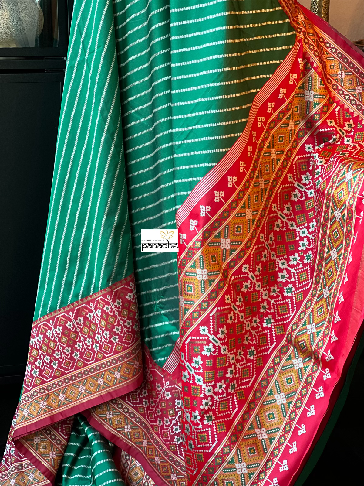 Soft Silk Patola Banarasi - Green Red Antique Golden Zari