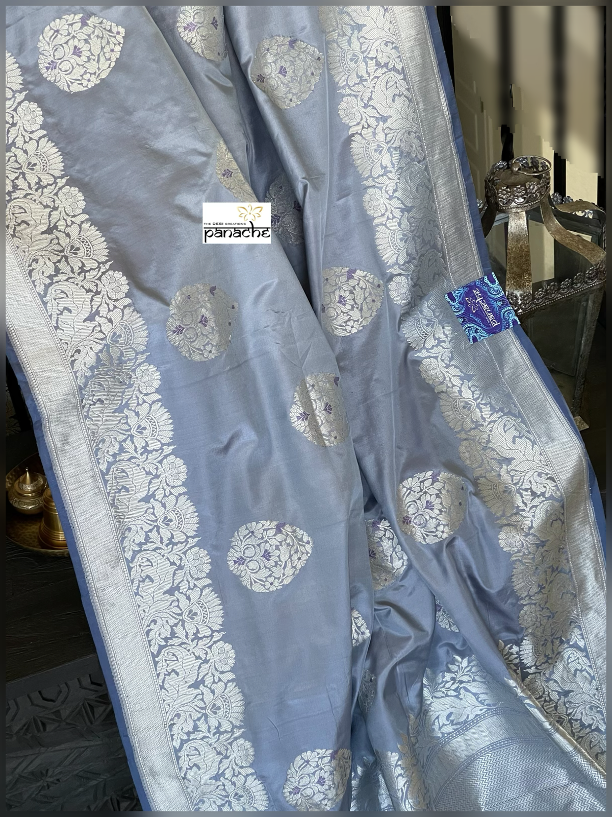 Pure Katan Silk Banarasi - Bluish Grey Meenakari Kadwa