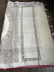 Handloom Silk Linen - White Madhubani printed Checkered