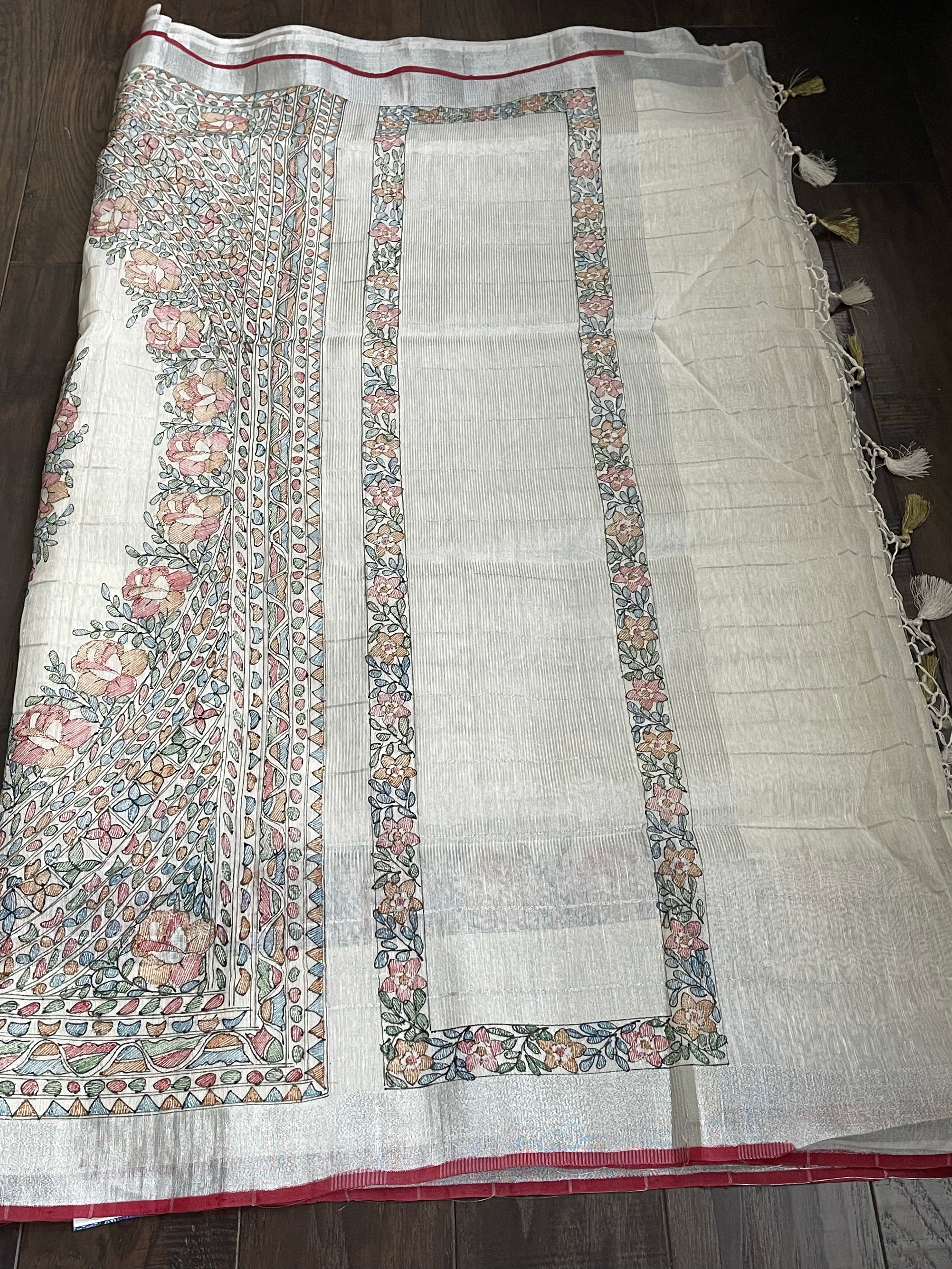 Handloom Silk Linen - White Madhubani printed Checkered