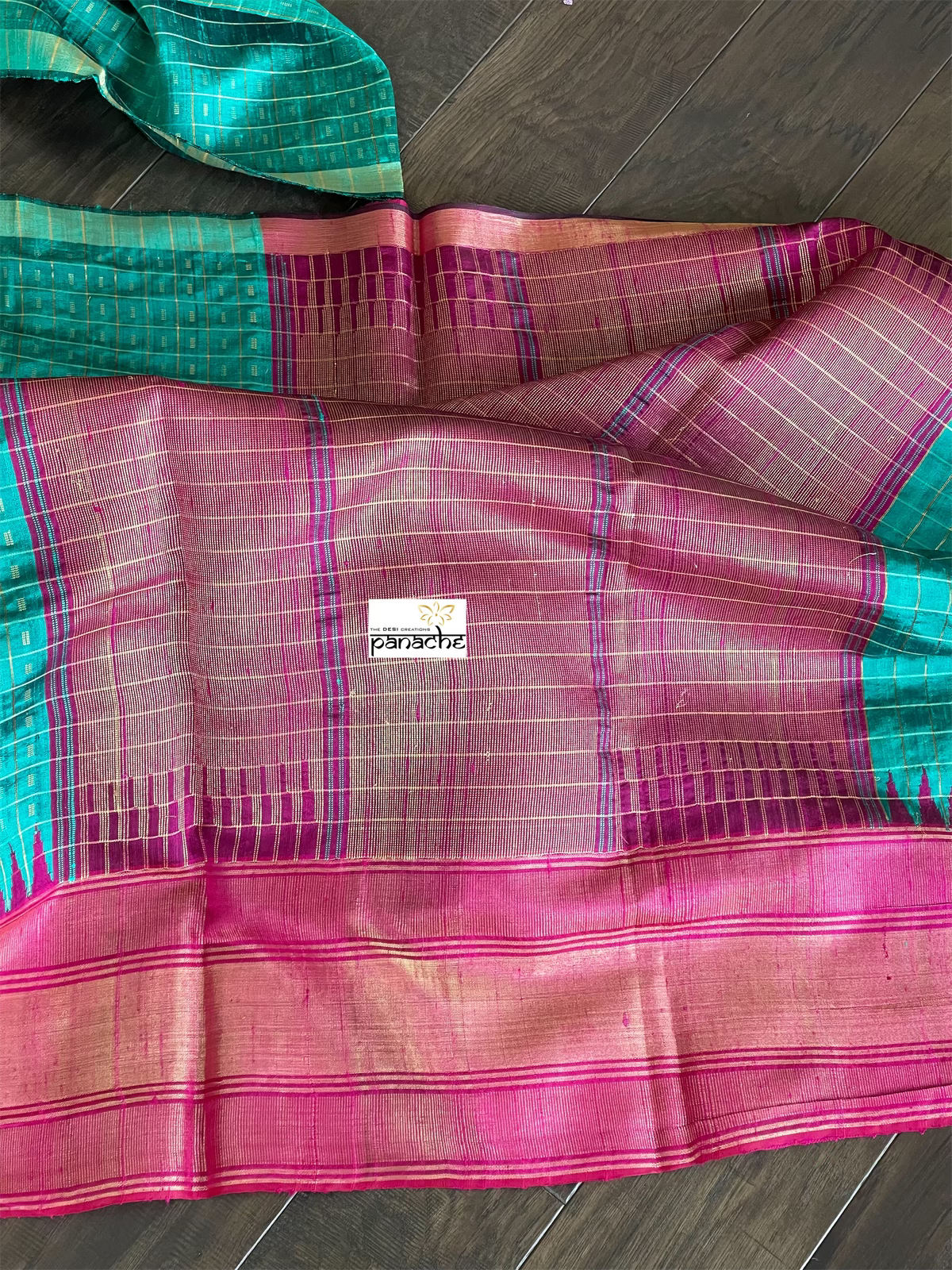 Pure Raw Silk - Sea Green Magenta Checkered