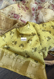 Banarasi Organza Floral - Light Brown Golden Zari Checks