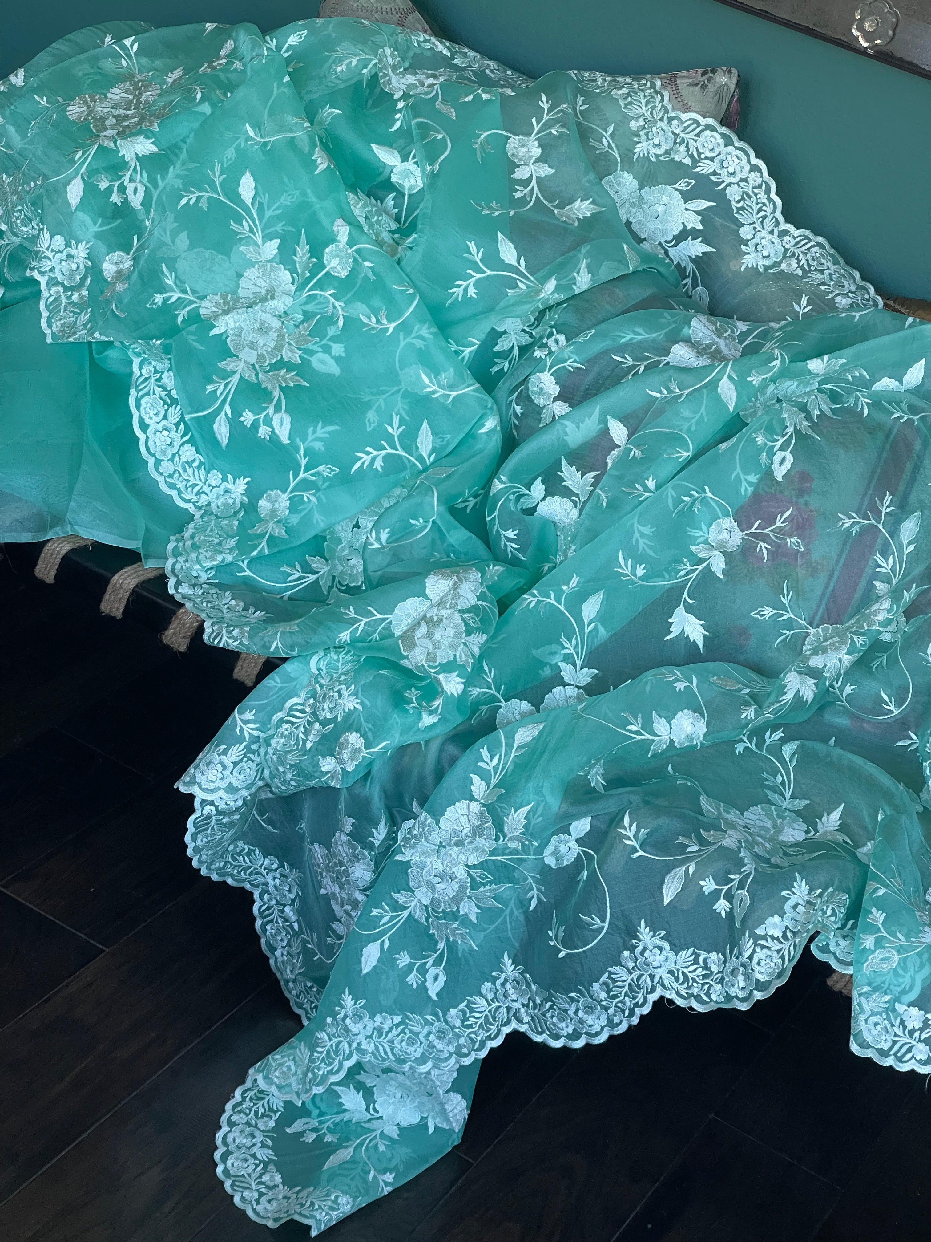 Designer Organza - Sea-Green Embroidered