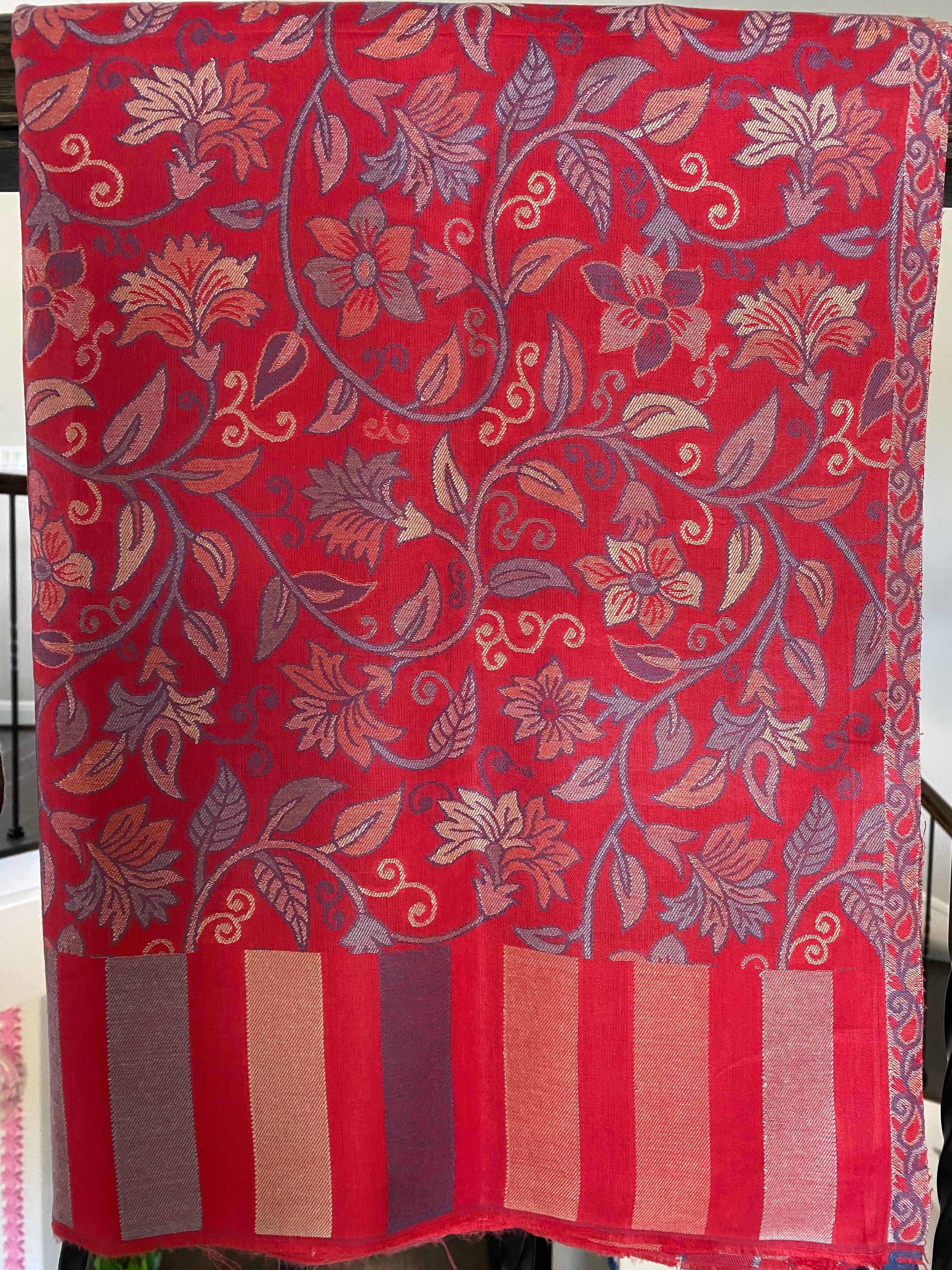Kashmiri Semi Pashmina Stole - Red Multi 1 Resham Woven