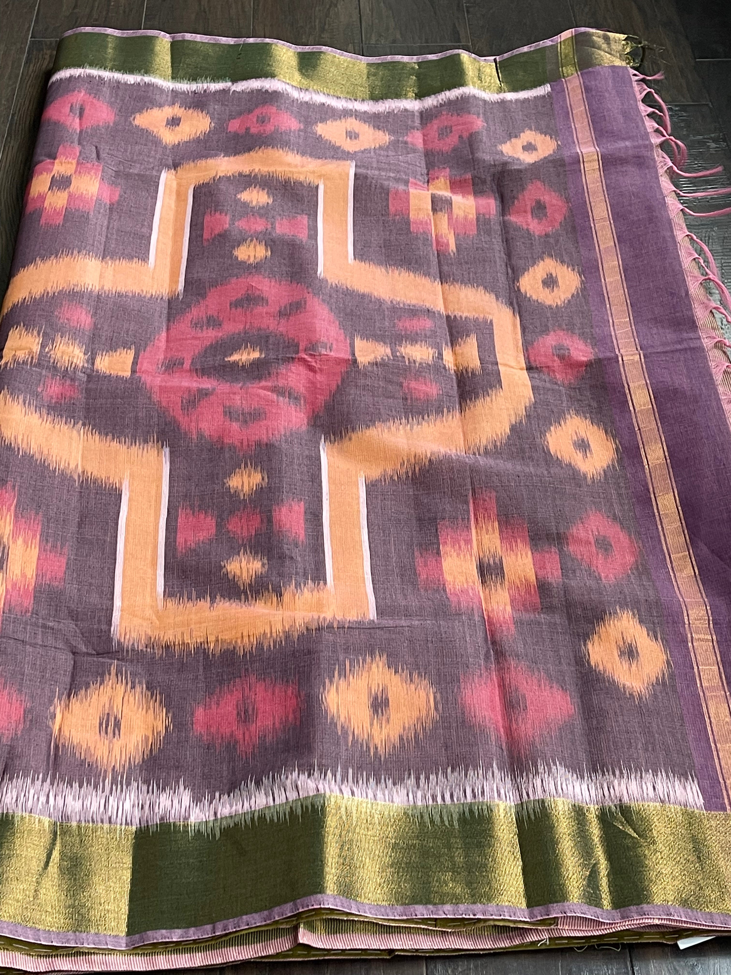 Cotton Silk - Peach Purple Ikat Woven