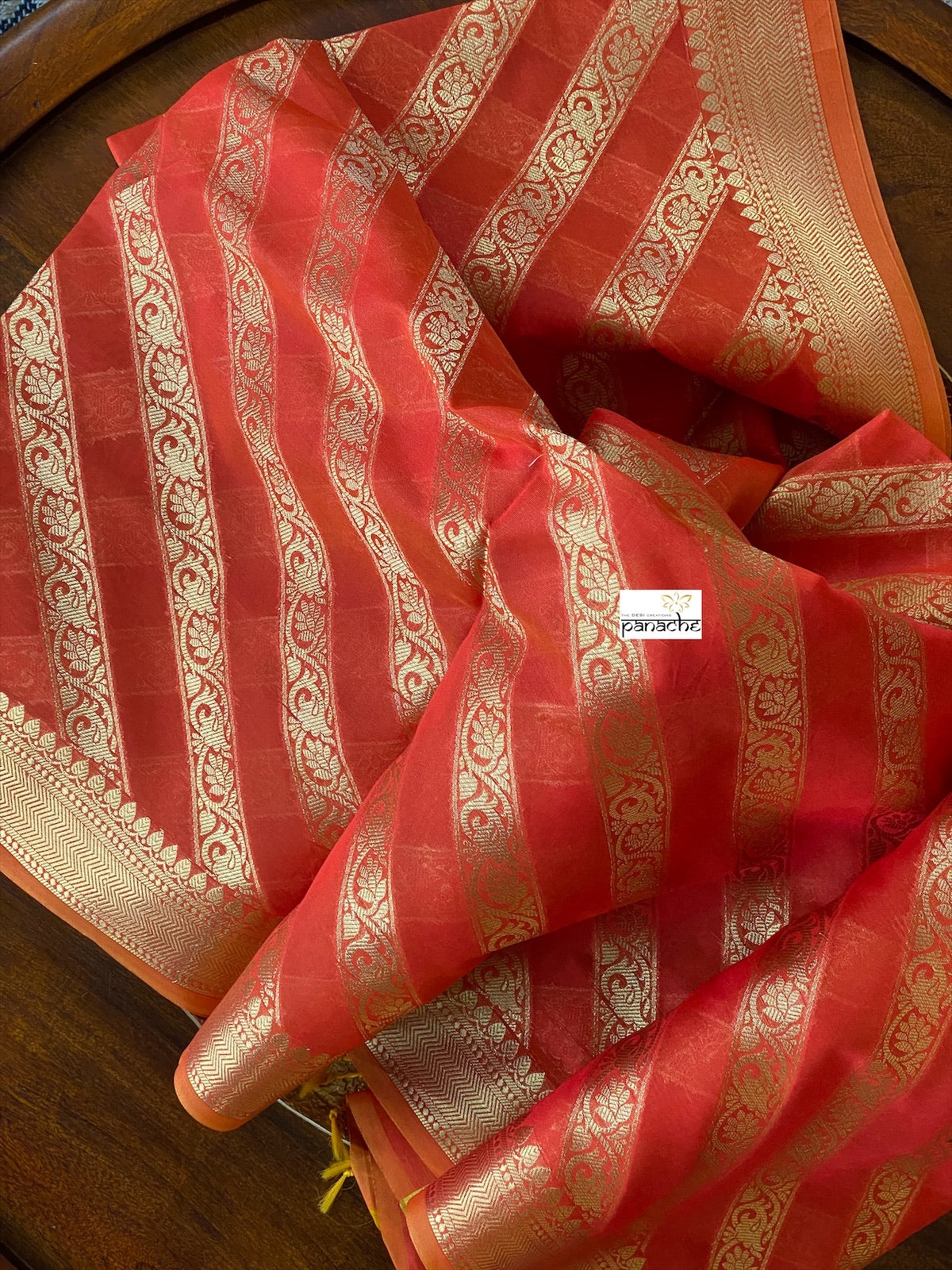 Silk Cotton Dupatta - Orange Golden Zari