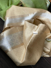 Linen Silk Banarsi - Pista Green Silver Golden Zari
