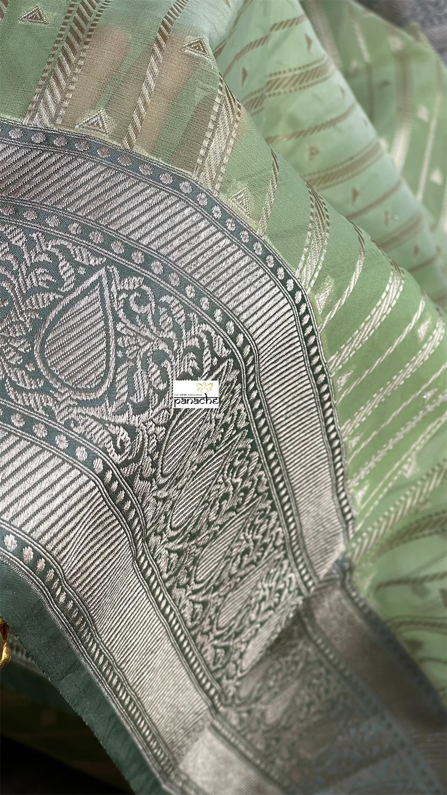 Kora Silk Banaras Chanderi - Pista Green Grey